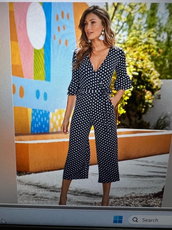 VENUS Pants - VENUS Navy and White Polka Dot Wrap Jumpsuit With Pockets & Belt Size Large